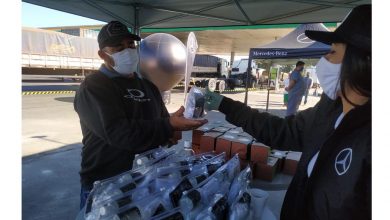 Distribuição de kit de prevenção com máscaras e álcool gel e também kit lanche