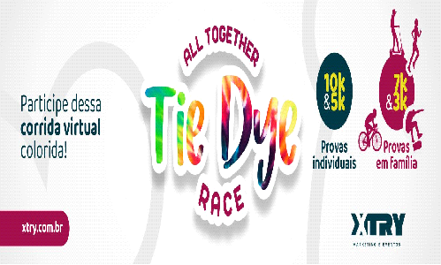 Tie dye race é no formato virtual, onde os participantes podem correr onde, como e quando quiser!