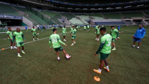 Jogadores treinaram forte, na tarde de quarta-feira (27), no Allianz Parque, para enfrentar o Novorizontino - Crédito: Cesar Greco/Palmeiras/by Canon