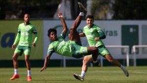 Endrick fez atividades regenerativas e tem sua despedida marcada para o jogo contra o San Lorenzo - Crédito: Cesar Greco/Palmeiras/by Canon