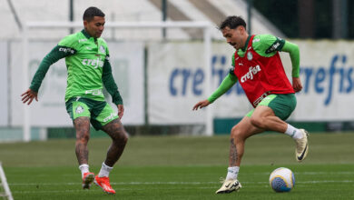 Dudu e Mauricio, no treino de ontem (09), mas, Mauricio terá que aguardar para estrear na décima sétima rodada- Crédito: Cesar Greco/Palmeiras/by Canon