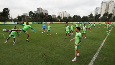 Elenco treinou ontem (15) e segue o cronograma de preparação hoje (16) para a partida de amanhã (17) - Crédito: Cesar Greco/Palmeiras/by Canon