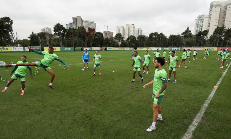 Elenco treinou ontem (15) e segue o cronograma de preparação hoje (16) para a partida de amanhã (17) - Crédito: Cesar Greco/Palmeiras/by Canon