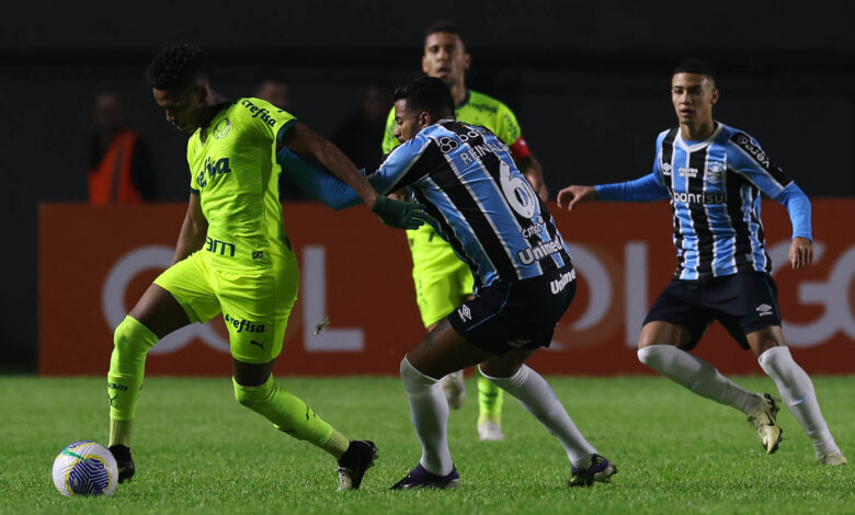 Estêvão acerta um belo chute sem chances para Marchesín e iguala o placar no Sul - Crédito: Cesar Greco/Palmeiras/by Canon