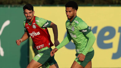 Flaco López e Murilo (à direita) durante treinamento na Academia de Futebol - Crédito: Cesar Greco/Palmeiras/by Canon