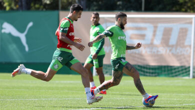 Flaco López e Zé Rafael no treino de ontem (05) em preparação para a decisão de amanhã (07) - Crédito: Cesar Greco/Palmeiras/by Canon