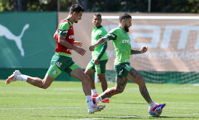 Flaco López e Zé Rafael no treino de ontem (05) em preparação para a decisão de amanhã (07) - Crédito: Cesar Greco/Palmeiras/by Canon
