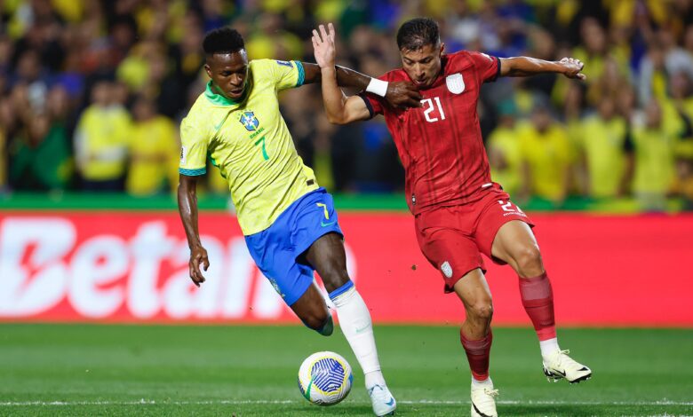 Vini Jr. até tentou, mas sua atuação ficou abaixo do que tem apresentado no Real Madrid - Crédito: Rafael Ribeiro/CBF
