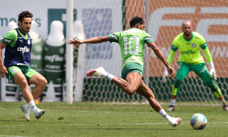 Palmeiras treina sem três de seus jogadores titulares, o goleiro Weverton, o zagueiro Gómez e o volante Richard Ríos - Crédito: Cesar Greco/PAlmeiras/by Canon