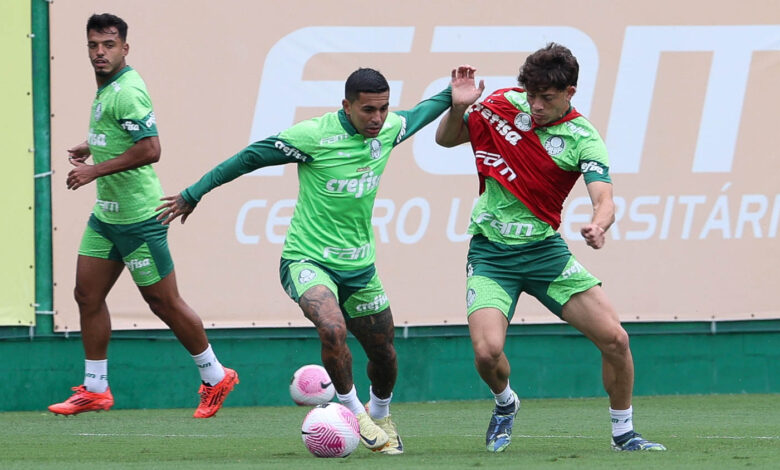 Dudu e Agustín Giay em disputa de bola no treino de domingo (27) - Crédito: Cesar Greco/Palmeiras/by Canon