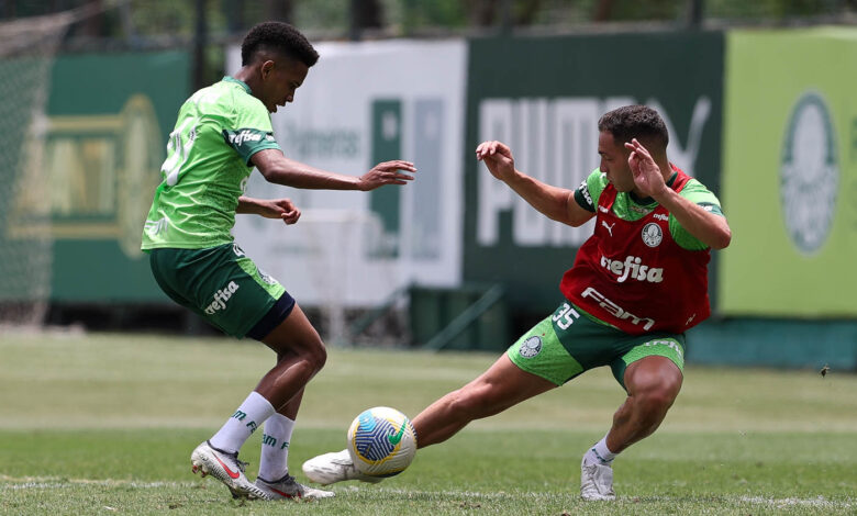 Estêvão treinou com o grupo e deve entrar como titular contra o Dragão - Crédito: Cesar Greco/Palmeiras/by Canon