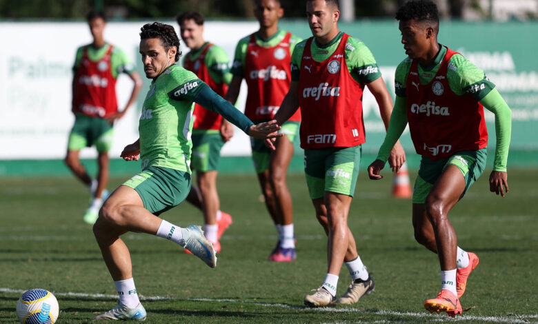 Autor do gol contra o Dragão que deu a liderança ao Verdão no Nacional, Veiga treina e deve iniciar a partida como titular - Crédito: Cesar Greco/Palmeiras/by Canon